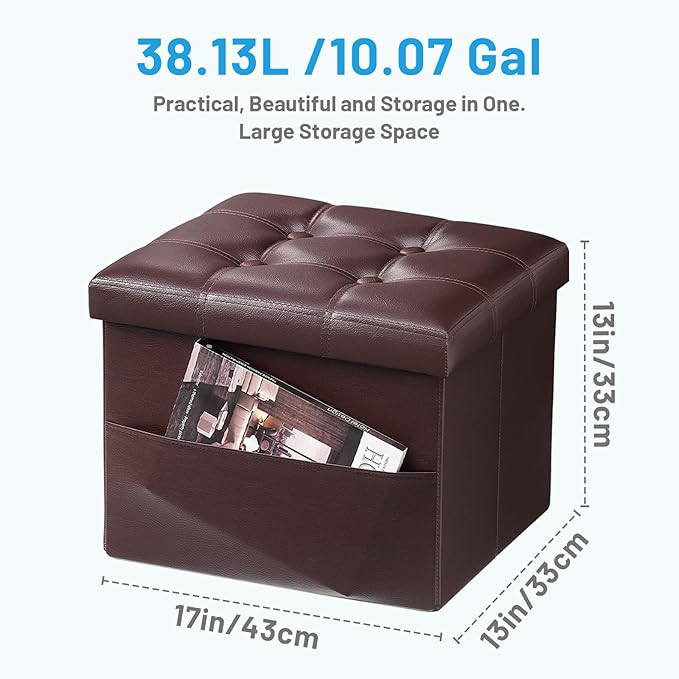 Bsketa Storage Ottoman Foot Rest Stool, Small Leather Storage Ottomans Bench, Folding Footstool with Side Pockets, Foot Rest Under Desk for Living Room Bedroom, 17x13x13 in, Brown