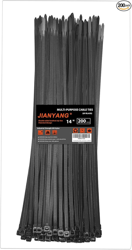 14 Inch Zip Ties Double Sided Toothed,100 LBS Tensile Strength Heavy Duty Cable Wire Ties With Self-Locking Adjustable More Durable Nylon Tie Wraps for Indoor Outdoor（200 Pack）