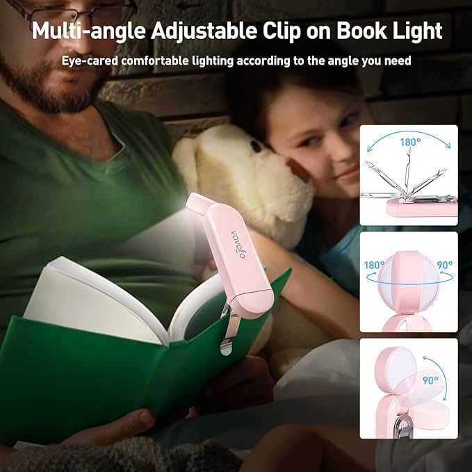 VAVOFO USB Rechargeable Book Light, Blue Lighting Blocking, Amber Light Clip On Bookmark Shaped 6 LEDs Reading Light, Eye Care for Bookworms Reading in Bed with 9 Lighting Modes (Light Pink)