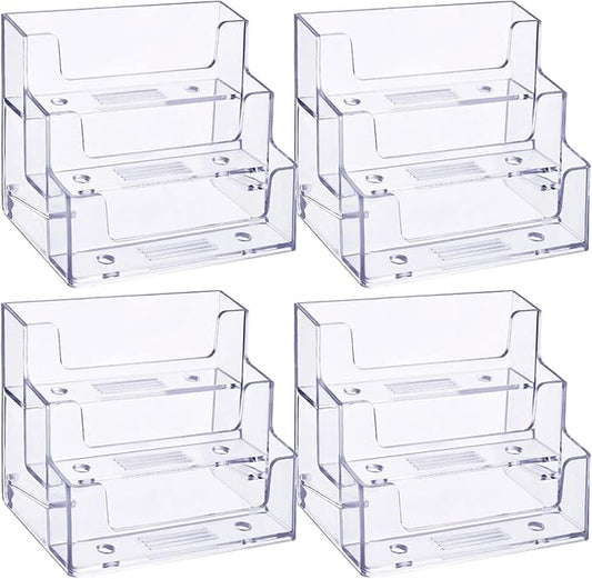 TecUnite 4 Pieces Business Card Holder for Desk 3 Tiers Clear Acrylic Stand for Business Card Organizer Storage Holder Display for Office and Company, 180 Cards Capacity