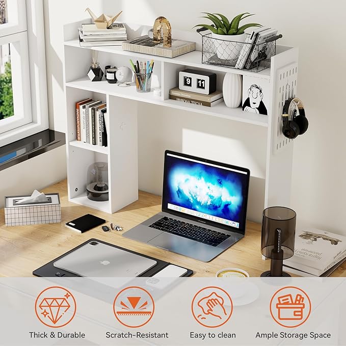 ELECWISH Desktop Bookshelf, Desk Shelf for Computer Desk, 33.46" 5-Tier Adjustable Desktop Hutch Organizer with Pegboard for Home Office, White