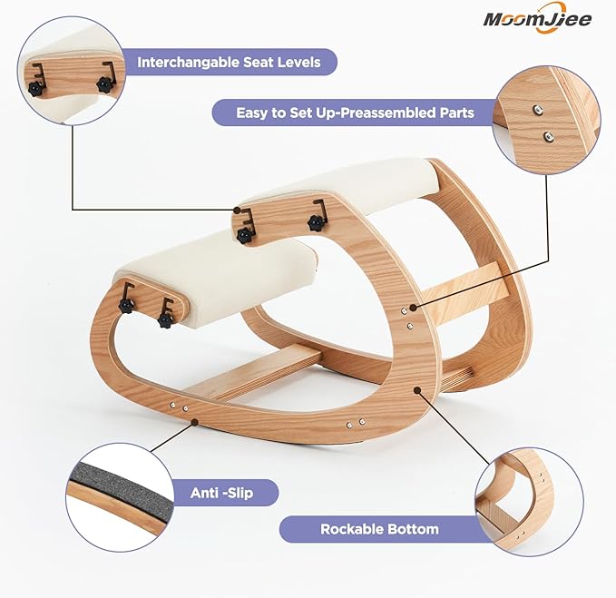 Ergonomic Kneeling Chair, Adjustable Rocking Knee Chairs for Home Office, Wooden Office Knee Chair for Back Pain Relief, Beige