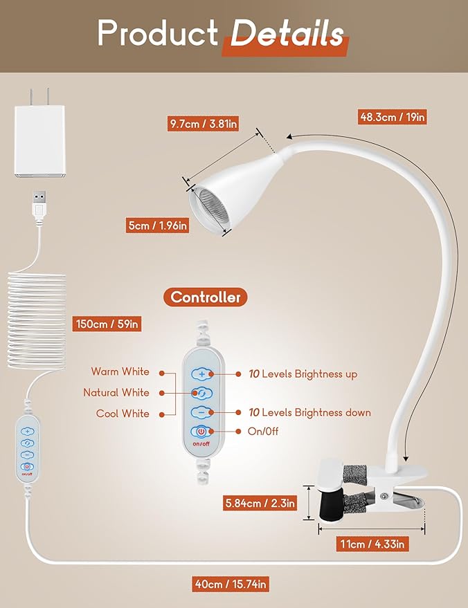 Reading Light for Book in Bed, Clip on Light Reading Lamp with Adapter, 5 Color Modes 10 Brightness, 360° Flexible Eye-Caring Clip on Desk Lamp Book Light for Reading in Bed Headboard Bedside Bedroom