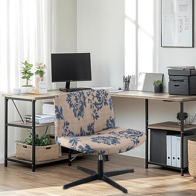 Armless Chair Slipcover Stretch Criss Cross Chair Cover, Mid Back Wide Seat Accent Chair Covers,Modern Vanity Chair Cover for Office Desk (Blue Flower)