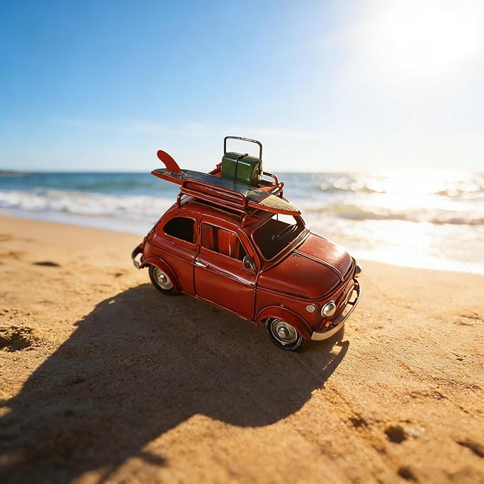 Vintage Photo Frame Pen Holder Car Model Handcrafted Iron Art Car Sculpture Two in One Multi Functional Storage Container with Luggage Compartment and Surfboard Decorations Ideal Gift