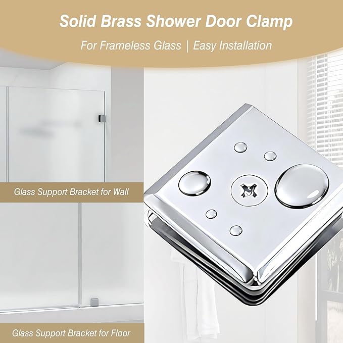 Glass Clamp for Frameless Shower Door, Solid Brass Materials, for 5/16" to 1/2" (8-12mm) Glass, Wall or Floor Mount Fixed Clips Hardware Kit, Chrome