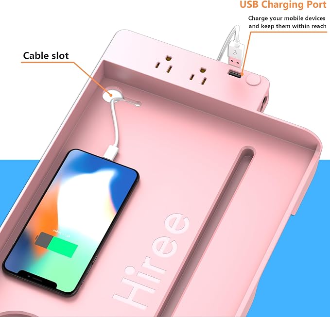 Hiree Bedside Shelf for Dorm Bunk Bed with USB Charging Port and 2 AC Outlets, Bed Side Table Tray Organizer, College Dorm Essential Clip On Bedside Tray, Loft Nightstand Decor, Plus Size, Pink
