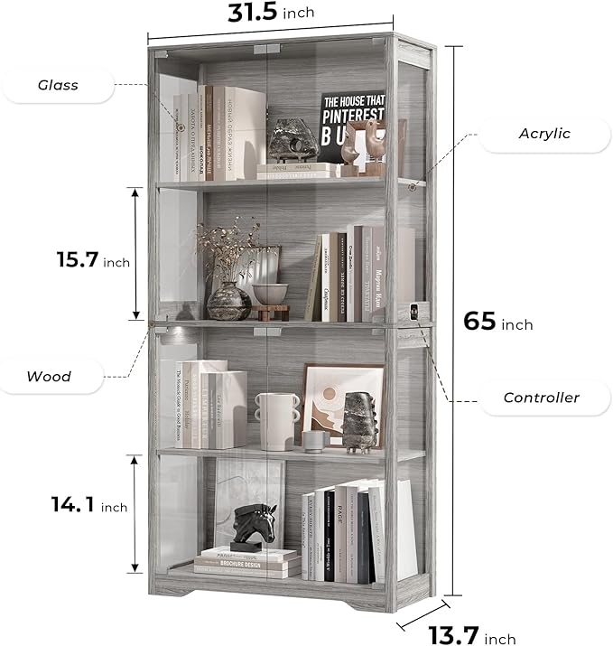 BROTTAR Display Cabinet with Glass Doors, 4-Tier Curio Cabinet with 3 Color Lights for Collectibles, Glass Display Case with Human Body Sensor, Bookcase with 4 Shelves, Storage Cabinets, Gray