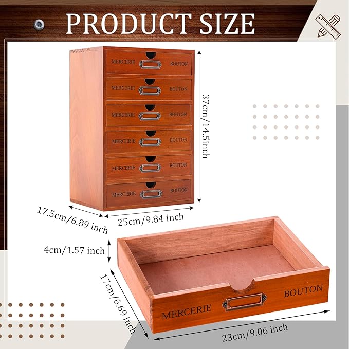Wesiti 6 Drawer Vintage Wooden Desk Organizer, Apothecary Cabinet Storage Drawers, Rustic Shelf Drawer, Home Office Organizers and Accessories, Embroidery Floss, Craft, Art, Jewelry Storage, Stackable