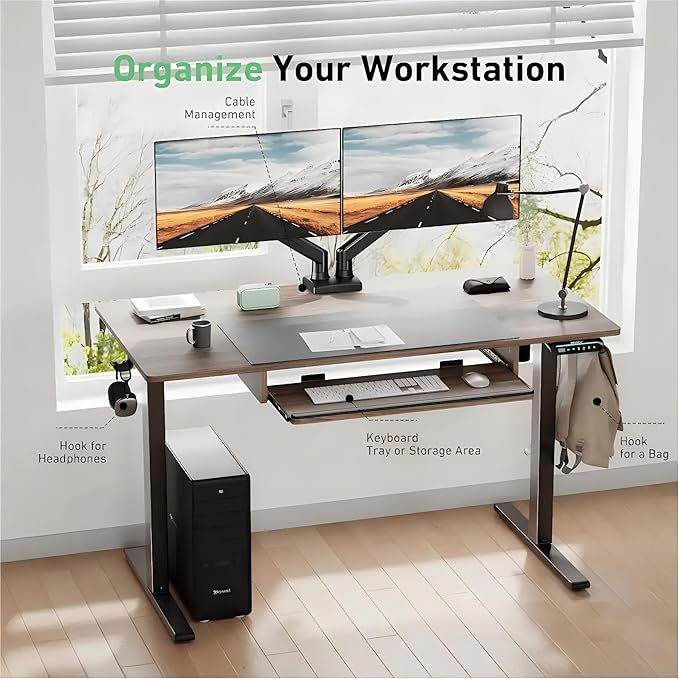 HUANUO Standing Desk Adjustable Height, 48" x 24" Electric Stand Up Desk for Home Office with Large Keyboard Tray(26.7"), 4 Memory Height Setting, Computer Workstation, Walnut