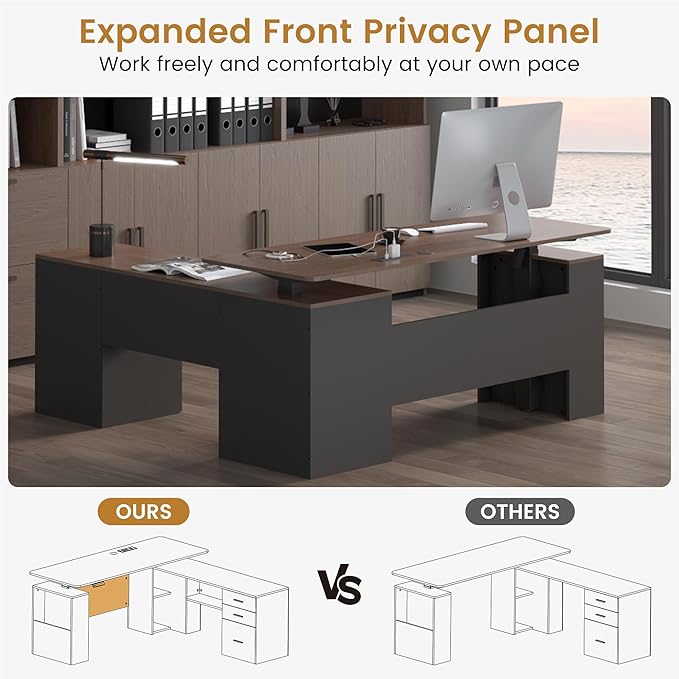 JOMEED 63" L Shaped Electric Standing Desk with Storage, Executive Adjustable Height with Privacy Pane and Power Outlets,Brown and Black
