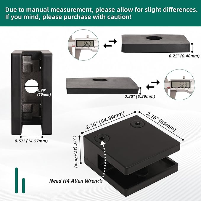 Black Glass Railing Clamp Adjustable Flat Shelf Bracket, for Thickness 3/8"-15/32"(10mm-12mm), 304 Stainless Steel Heavy Duty Square 55*55mm Glass Railing Balustrade Post Clip(20 Pack)