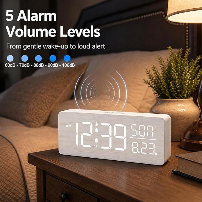 Peakeep Wooden Digital Alarm Clock Large Display, Textured Desk Table Decoration for Bedroom Living Room, Plug in Clock with Time Date Day, 5 Brightness, Auto DST