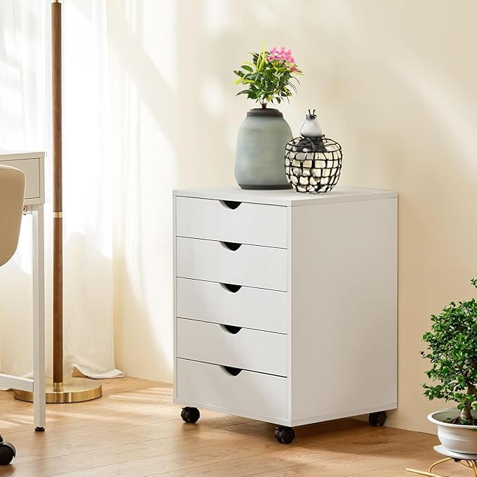 5 Drawer File Cabinet, Under Desk Storage Organization with Wheels, Mobile Filing Chest for Small Desk Printer Stand for Home Office, White