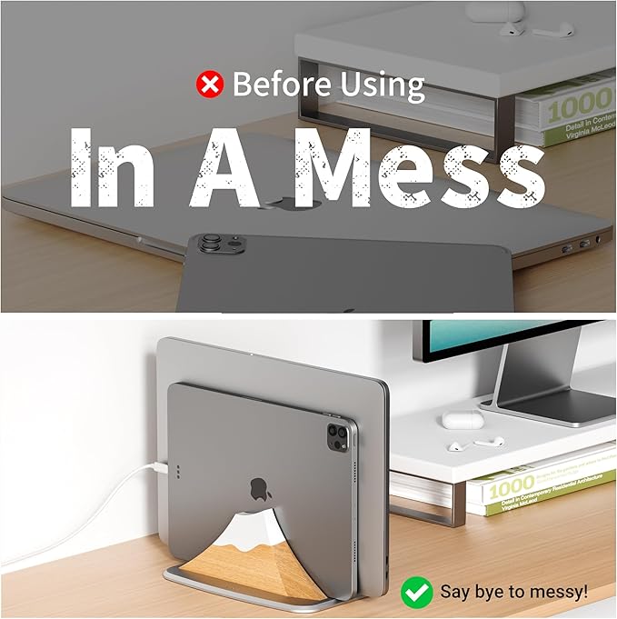 AFOOYO Vertical Laptop Stand - Snow Peak-Shaped Wooden Holder Dock Compatible with MacBook, Surface, Chromebook, Dell & More - Space-Saving Design for All Laptops