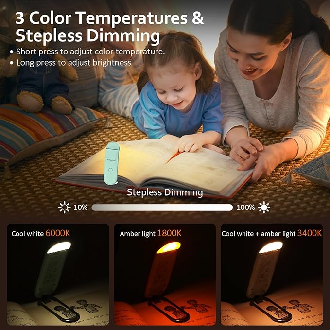 Akomid USB Rechargeable Book Light for Reading in Bed, 8 LEDs Bookmark Style Clip on, Eye-Cared Amber Light Mode for Kids, Blue Light Blocking, Stepless Dimming, Turquoise