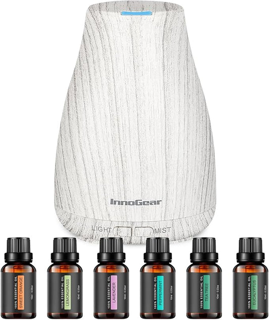 InnoGear Essential Oil Diffuser with Oils, 100ml Aromatherapy Diffuser with 6 Essential Oils Set, Aroma Cool Mist Humidifier Gift Set, Grey Wood Grain