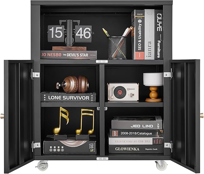 Heavy Duty Rolling Printer Cabinet with 2 Doors & Storage Shelf, Under Desk 3D Printer Stand, Mobile Metal File Cabinet for Garage Home Office, Small Spaces & Workshop Black
