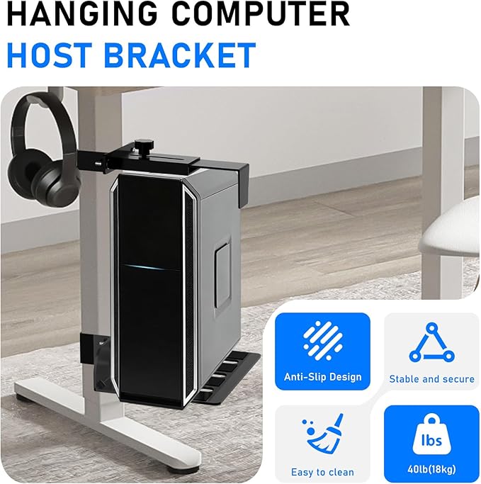 Ultra-Stable No-Drill Under Desk PC Mount - 40 lb Capacity Computer Holder, Adjustable Height & Width, Clamp-On CPU Caddy for Standing Desks (Fits 65mm x 45mm Legs)