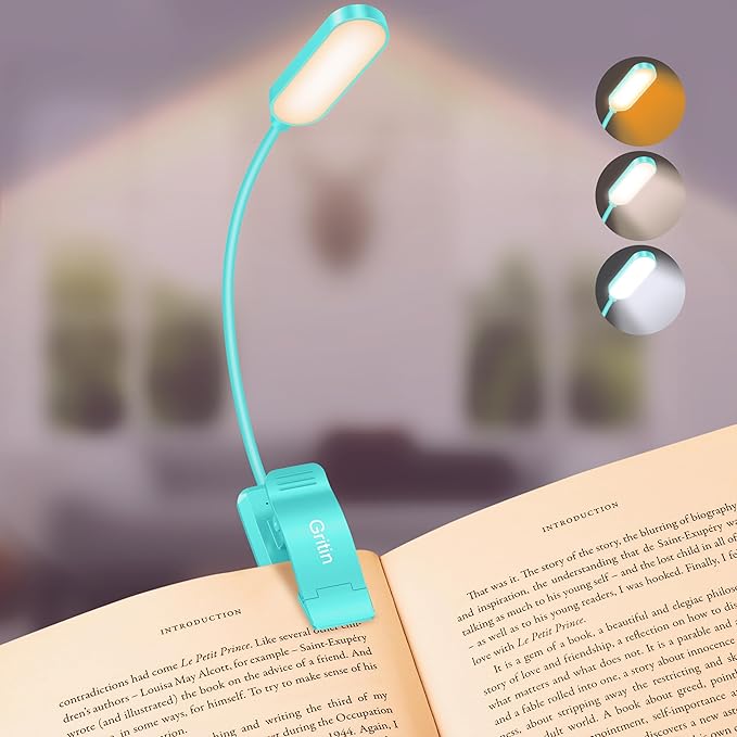 Gritin 16 LED Rechargeable Book Light for Reading in Bed- Eye Caring 3 Color Temperatures, Stepless Dimming Brightness, 80 Hrs Runtime, Lightweight Flexible Clip on Light for Book Lovers-Blue