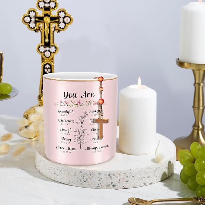 WAVEYU Ceramic Pen Holder for Desk Cute, Pencil Holder Cup, Makeup Brush Holder Pink, Multi-Functional Organizer for Office, Religious Style