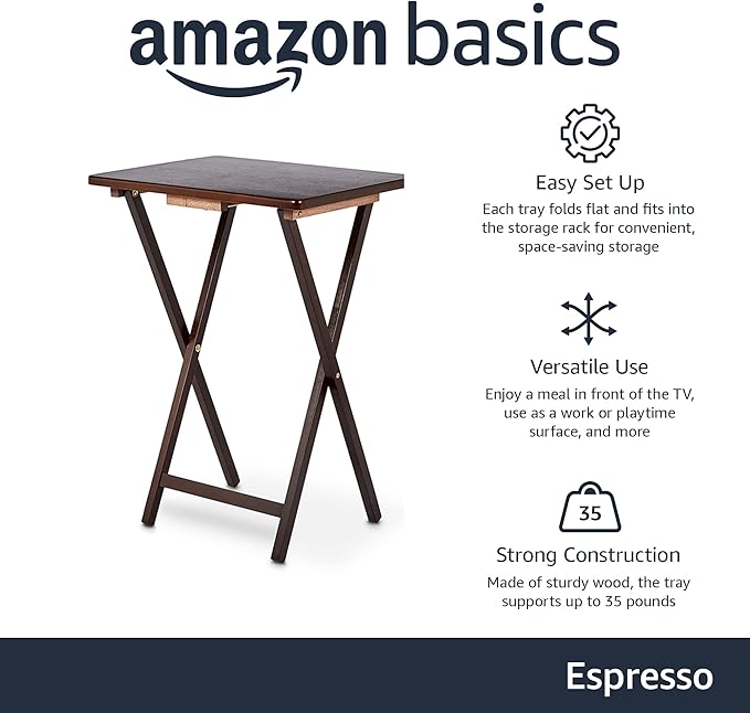 Amazon Basics Portable Foldable TV Tray Table with Storage Rack, Space-Saving Design, Sturdy Wood, 14.6"L x 19"W x 26"H, Espresso, 4-Pack