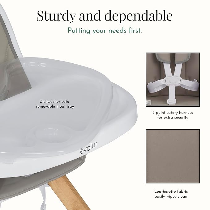 évolur Zoodle 3-in-1 High Chair in Light Grey | Convertible Wooden Baby Feeding Chair with Dishwasher Safe Removable Tray, Adjustable Footrest, Padded Cushion, 5-Point Harness for Infants & Toddlers