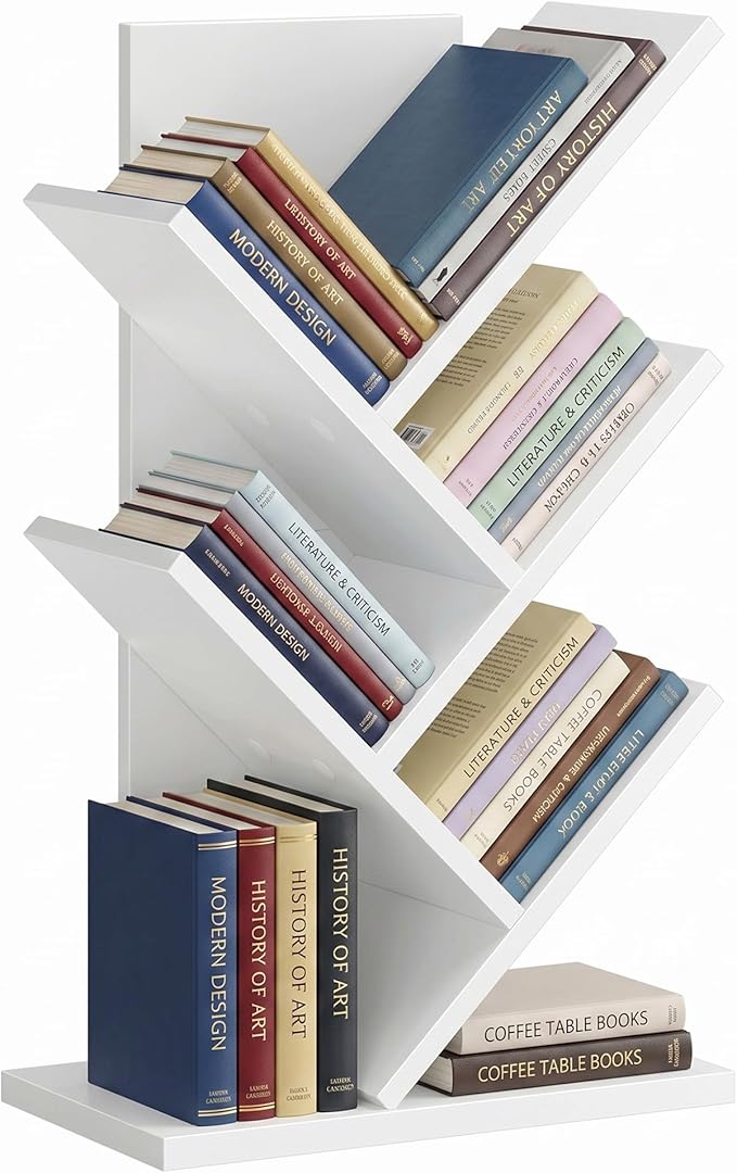 SONGMICS HOME 5 Tier Tree Bookshelf, Bookcase, Small Corner Shelf, Space Saving Book Tree for Home Office, Bedroom, Living Room, Brown