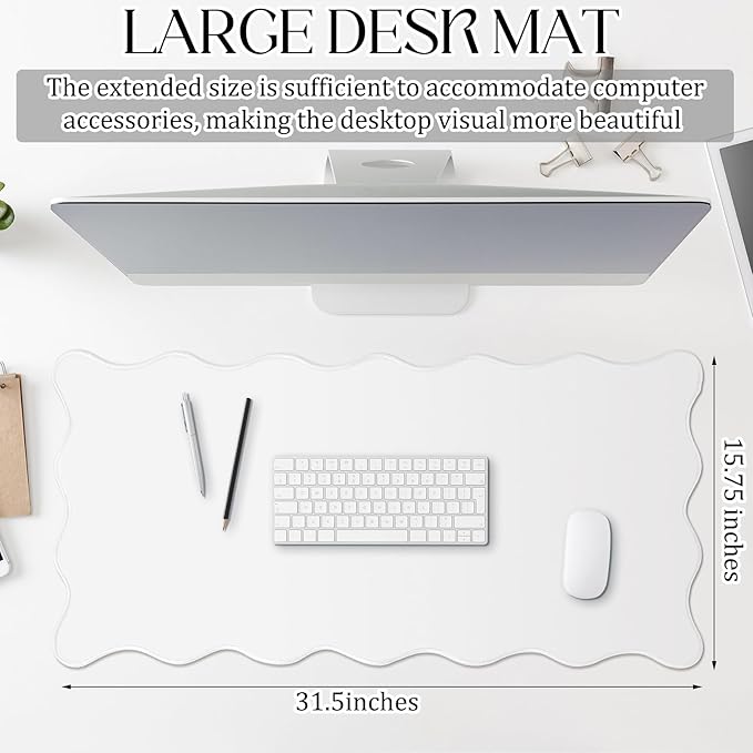 Hahafelt Scalloped Desk Mat Large Scalloped Piping Cute Desk Mat Aesthetic Preppy Table Pad Large Nonslip Pad with Edge Stitching Waterproof Gaming(White,31.5 x 15.8 Inches)