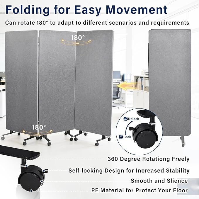 72" X 66" Partition Room dividers, 3 Panel Sound Proof Dividers for Office Partitions, Room Divider Privacy Panel with Wheels, Portable Temporary Wall for Office, Studio, School, Hospital(Light Gray)