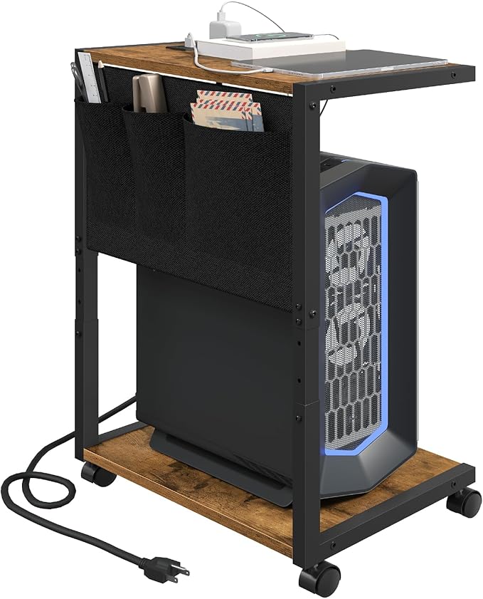 YATINEY PC Stand, Computer Tower Stand with Charging Station, Height Adjustable PC Tower Stand for Floor, 2 Tier Computer Cart On Wheels, 23.1" -29"H,19.7"L x 11"W, for Home Office,Rustic Brown CJ60BR