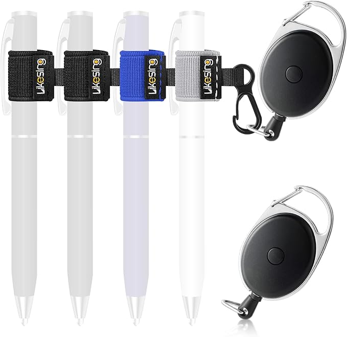 Likesing 4 Black Retractable Pen Holder, 27.5" Reel Elastic Pen Leash Retractable Pencil Holder with 2 Belt Clip for Nurses, Teachers, Waitres, Carpenters, Construction Workers(Dark-colored)