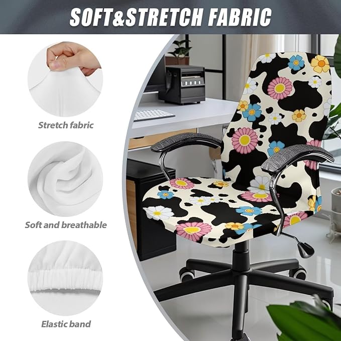 Talayituse Cow Daisy Print Computer Office Chair Covers, Soft Fit Universal Desk Rotating Chair Slipcovers, Removable Washable Anti-Dust Spandex Chair Protector Cover, L