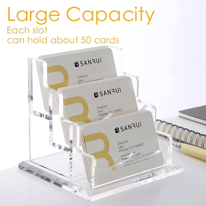 SANRUI Acrylic Business Card Holder for Desk, Horizontal Clear Name Card Display Stand Desktop Display Stand for Business Cards, Business Card Organizer, Perfect for Offices & Professionals 3 Slots