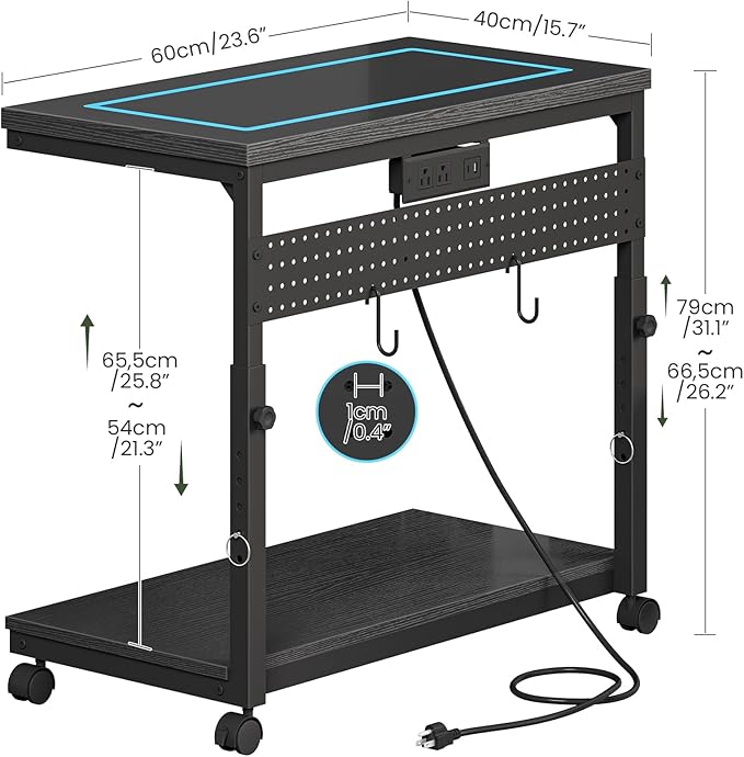CHOEZON 31.5" Large Computer Tower Stand with Power Outlet, Under-Desk PC Cart with 2 Hooks, PC Stand with LED, Height Adjustable PC Tower Holder on Wheels, for Living Room, Office, Black TCJ51UDBB