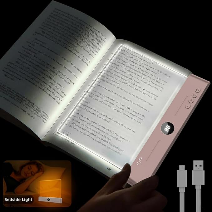 LED Flat Book Light for Reading in Bed, Eye Care Stepless Dimmable Reading Lamp with 1-99 Min Auto-Off Timer, Portable USB Rechargeable 1200mAh Battery for Night Time & Travel (Rose Gold)