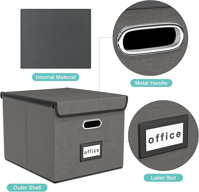 File Organizer Box with Lid, Collapsible File Folder Organizer for Office Document Storage, Filing Box with Plastic Slide for Letter Size Hanging File Folders(1 Pack, Smoky Grey)