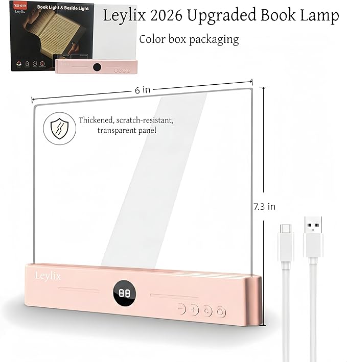 LED Flat Book Light for Reading in Bed, Eye Care Stepless Dimmable Reading Lamp with 1-99 Min Auto-Off Timer, Portable USB Rechargeable 1200mAh Battery for Night Time & Travel (Rose Gold)
