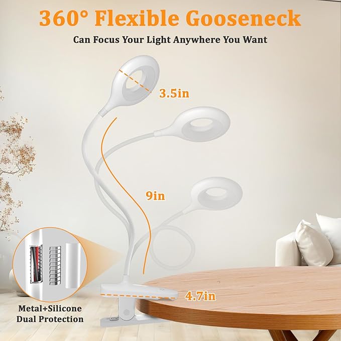 Clip on LED Reading Light, 25 Models USB Rechargeable Bed Lamp with Strong Clamp for Headboard, Eye Protection Portable Cordless Battery Lights for Bedframe Desk Table Home Office