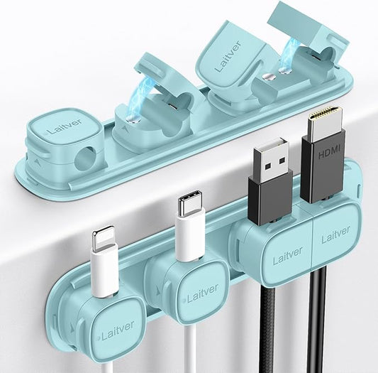 6 Pack Magnetic Cable Clips [1s Open/Lock], Laitver Cord Organizer Holder Strong Adhesive Desk Cable Management- Organize Charging Cords Neatly for Home, Office, Car,Desk, Nightstand-Blue