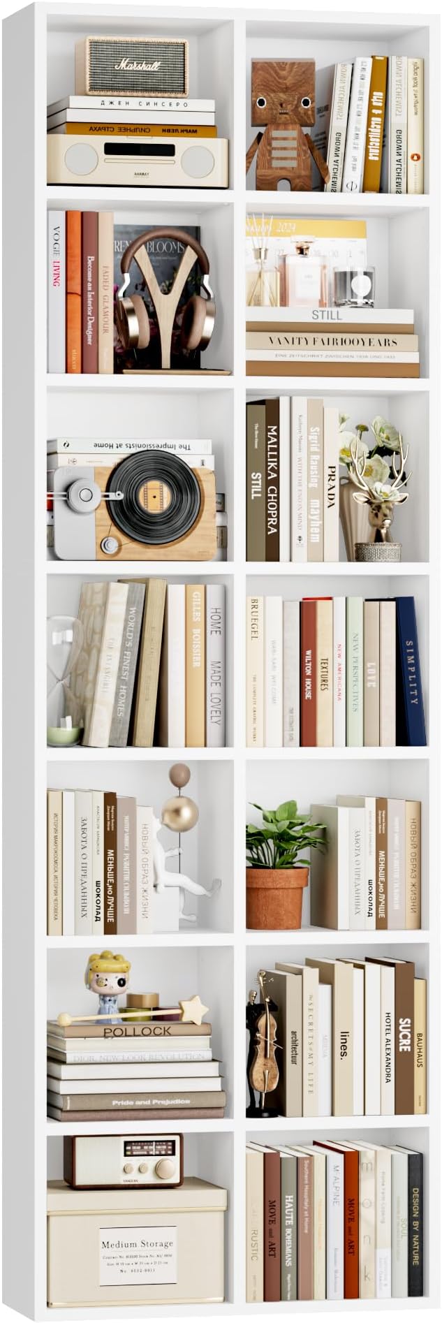 FOTOSOK 71'' Tall Bookshelf with 14 Cubes, 7 Tier Double Wide White Bookshelf with 6 Adjustable Shelves, 19.6" Narrow Bookcase DVD/CD Media Storage, Space Saving Display Shelf Cabinet, White