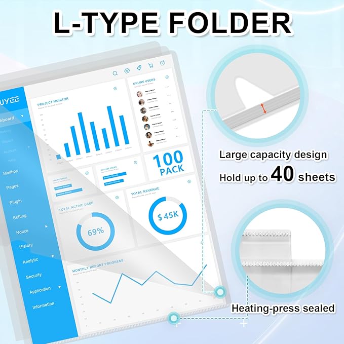 HOUYEE 100 Pack Heavy Duty Clear Document Folders, L-Type Folder Plastic Paper Sleeves Copy Safe Project Pockets Fit for 8.5" x 11" Letter Size Paper, for Home, Office, and School Use