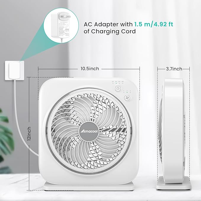 AMACOOL Table Fan, 12 inch Box Fan with 3 Speeds & 8HRS Timer, 270° Pivoting Quiet Air Circulator, Desktop Fan for Bedroom Bathroom Kitchen Office, AC Adapter Included, Co-Branded with Cmyfato-White