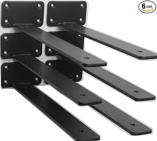6 Pack - 10 inch Black Hidden L Shelf Bracket (1/5 Inch Thicked) Iron Floating Shelf Brackets Rustic Industrial Metal Brackets for Shelf Support