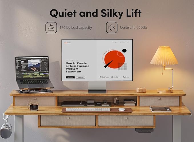 BANTI Height Adjustable Electric Standing Desk with 4 Drawers, 48 x 24 Inch Table with Storage Shelf, Sit Stand Desk, Light Rustic Brown Top