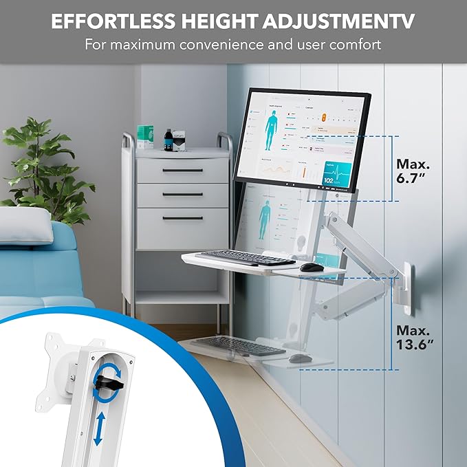 Mount-It! MedHub Wall-Mounted Medical Workstation – Height Adjustable Monitor & Keyboard Arm with Folding Tray, Sliding Mouse Pad, VESA Mount – Ideal for Clinics, Exam Rooms & Dental Environments