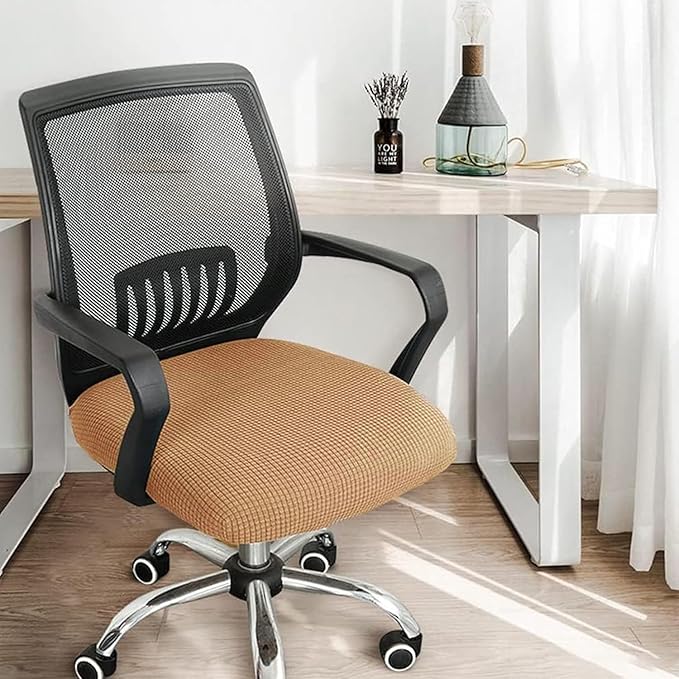 Sunnyway Stretchable Office Chair Seat Cover, Elastic Chair Slipcover with Tie Straps, Dining Chair Slipcover Machine Washable, Fits Seat Size 17.7"-21.7" (Brown)