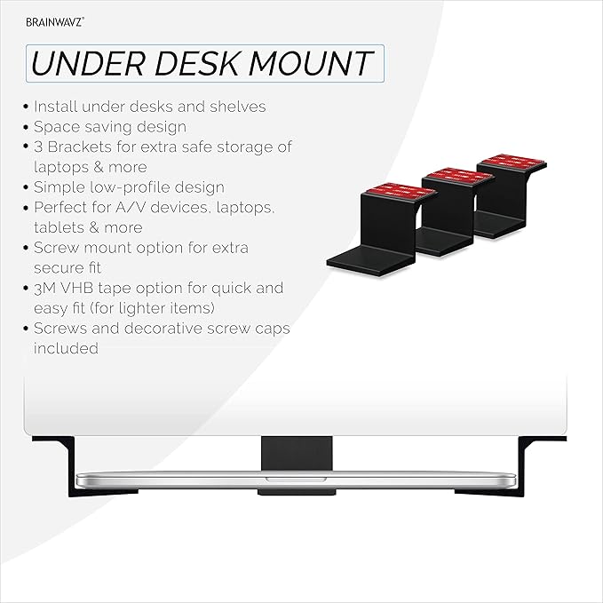 Adhesive Under Desk Laptop Holder Mount, Upto 1.9” / 48mm Thick, For Laptops Macbook Routers Surface iPads Tablets & More, Screw-In & Stick-On