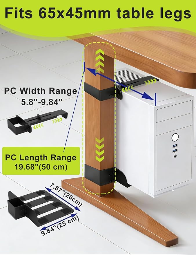 No-Drill Under Desk PC Mount, Adjustable CPU Holder for Standing Desk, Compatible Only with 65mm × 45mm Desk Legs, Supports up to 50 lbs, Includes Non-Slip Pads