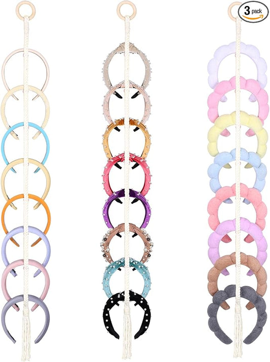 3 PCS Headband Holder Organizer for Girl,Hanging Hairband Storage for Women,Brown Hair Hoop Display Hair Accessories Organizer Bedroom College Dorm Decor (Boho1-3pcs)